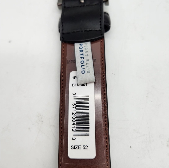 Perry Ellis Portfolio Mens Leather Black Dress Belt Sz 52 Gunmetal Buckle - Picture 2 of 8